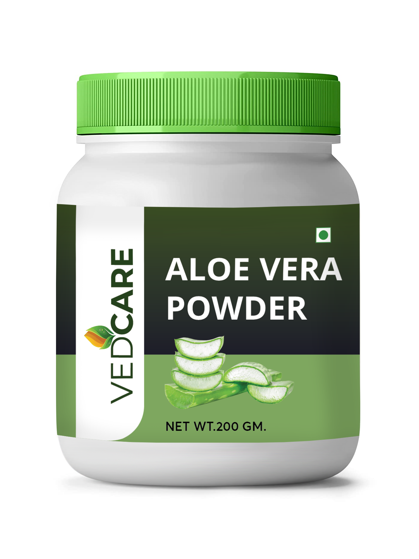 Vedcare Aloe Vera Powder container with green lid on a white background