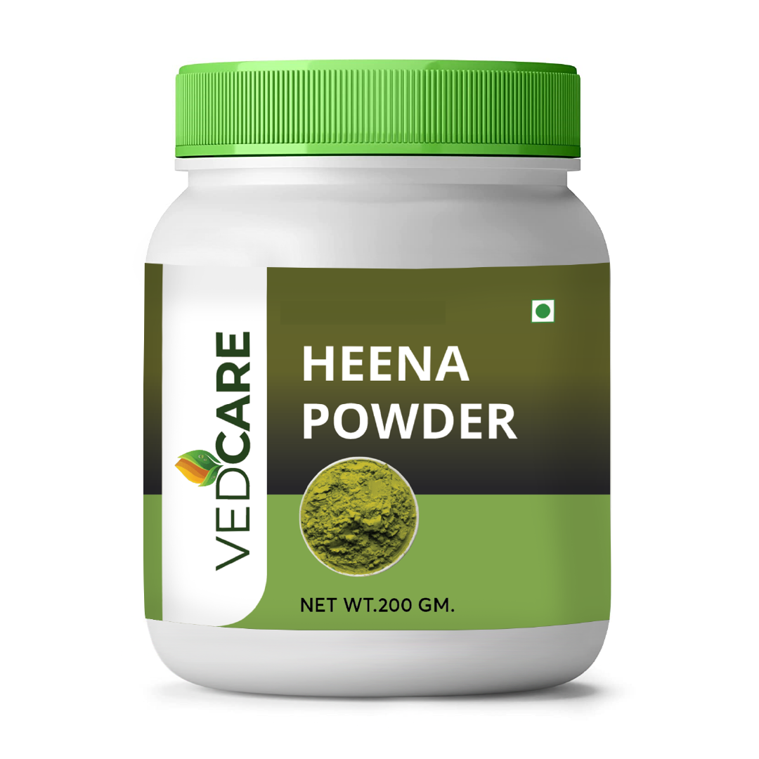 Jar of Vedcare Heena Powder with green lid and label on a white background