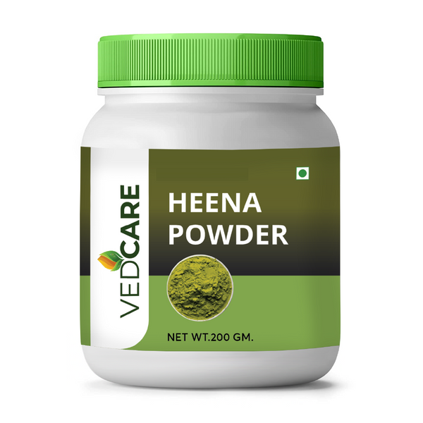 Jar of Vedcare Heena Powder with green lid and label on a white background