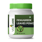 Jar of Vedcare Fenugreek Leaves Powder with green lid and label on a white background