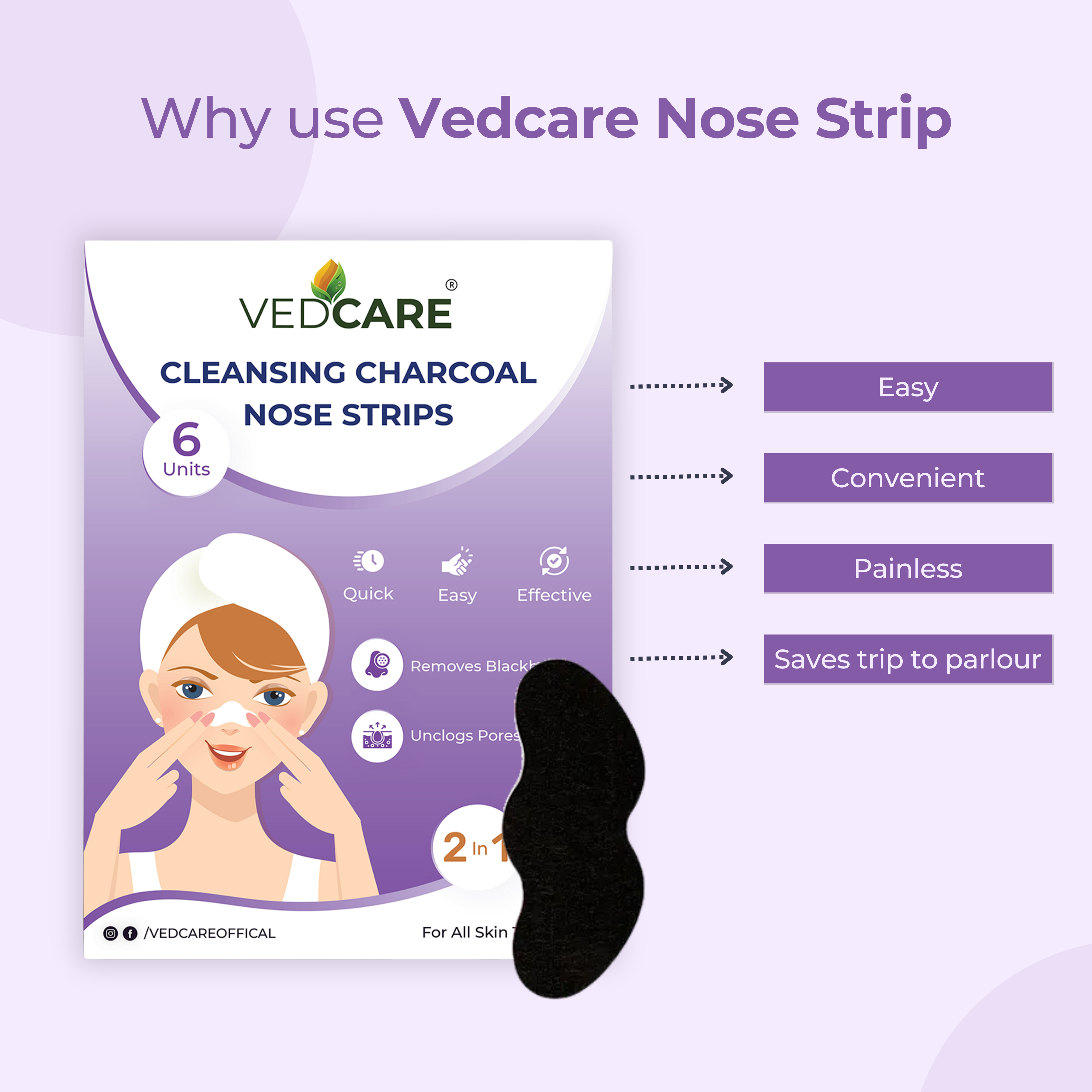 Vedcare cleansing charcoal nose strip packaging with a black strip on a purple background