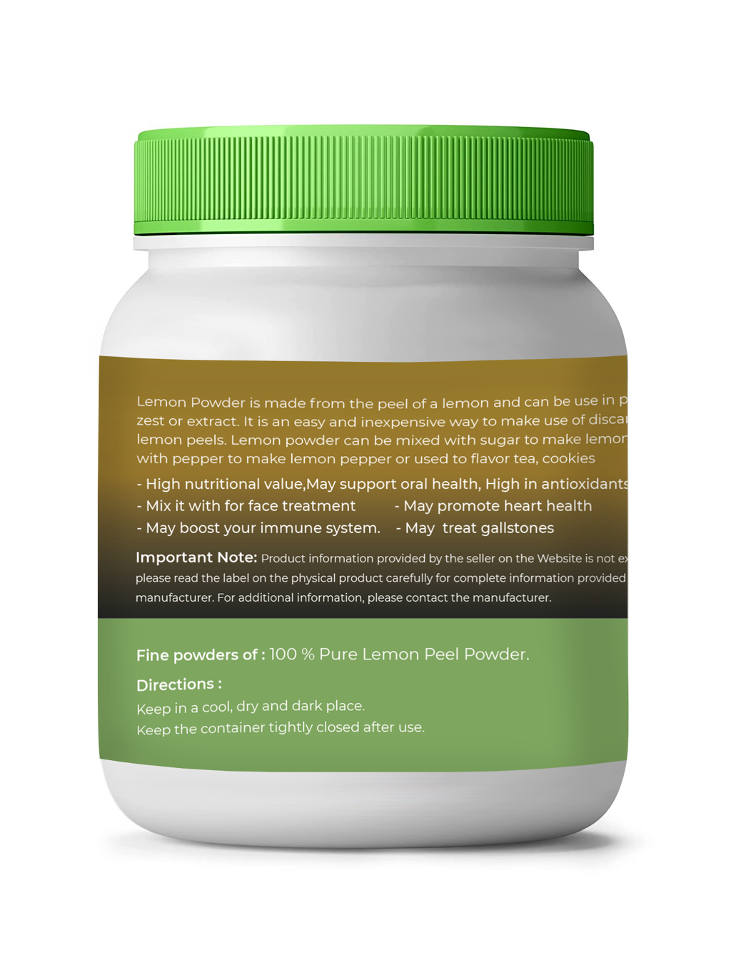 Jar of lemon powder with green lid and label on a white background