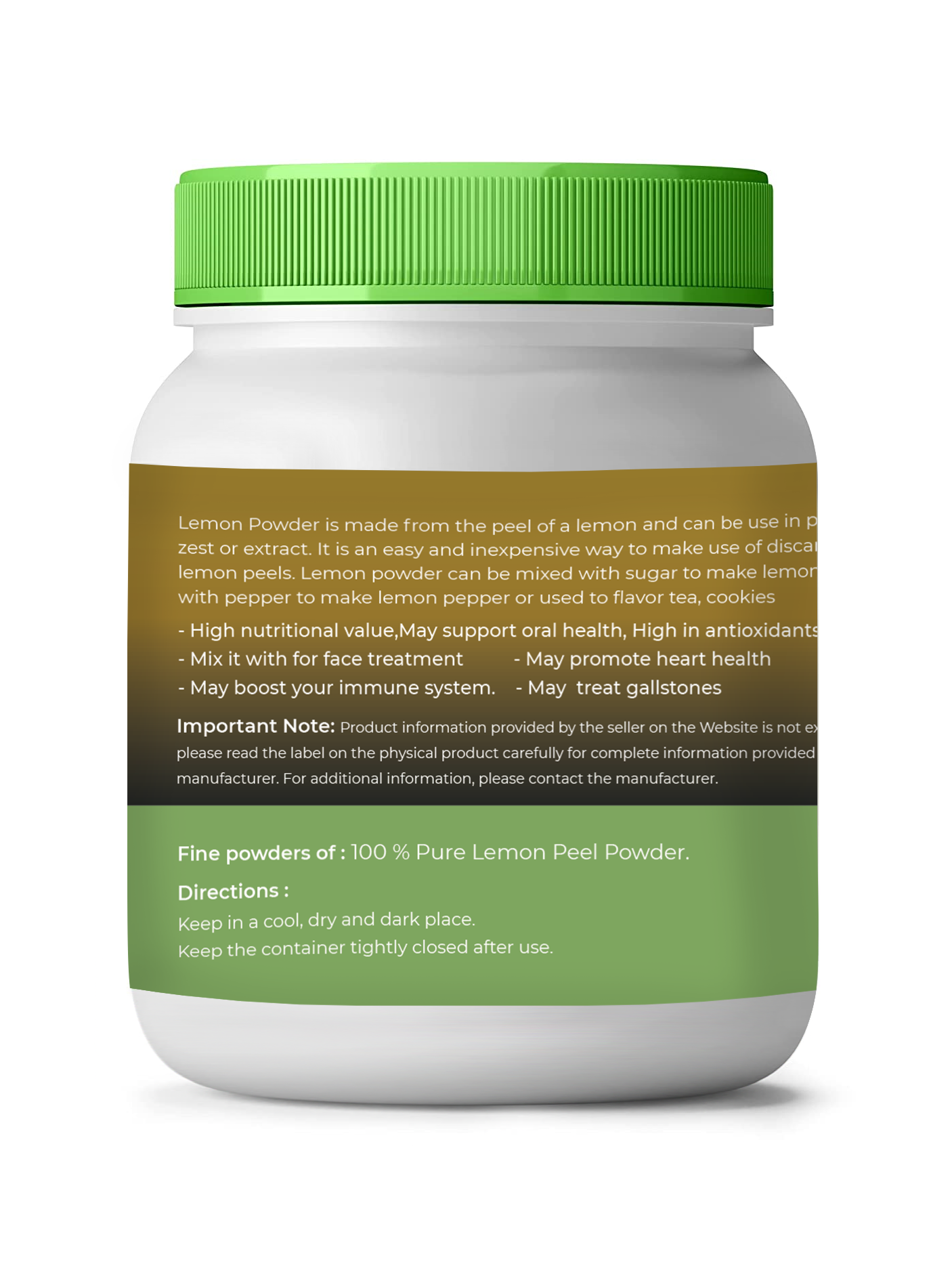 Jar of lemon powder with green lid and label on a white background