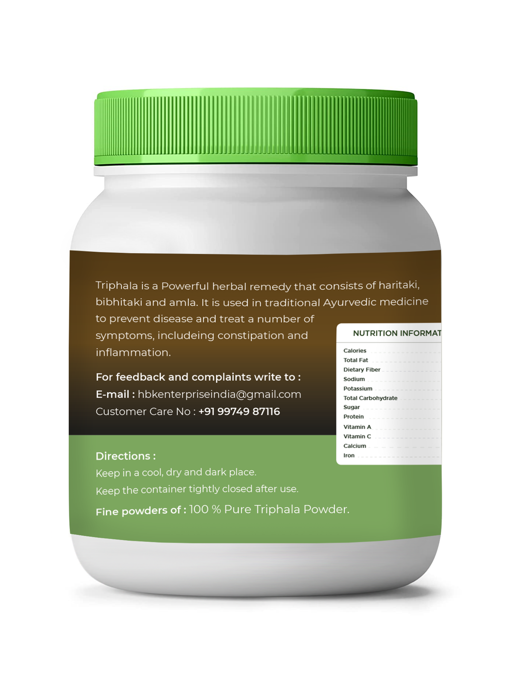 White container with green lid and label on a white background