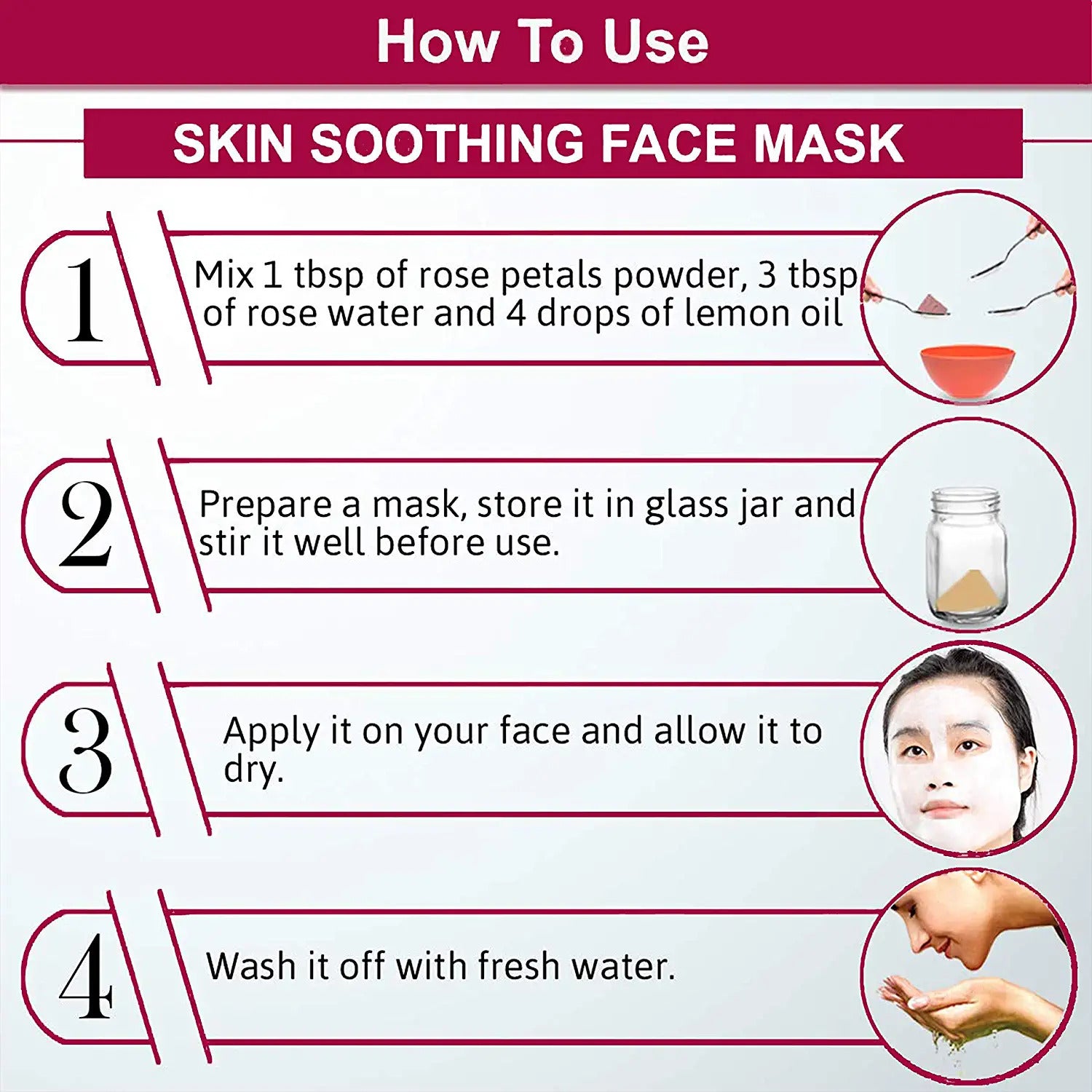 Instructions on how to use a skin soothing face mask with step-by-step guide and illustrations.