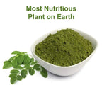 Moringa powder in a white bowl with fresh moringa leaves on a white background, labeled 'Most Nutritious Plant on Earth'.