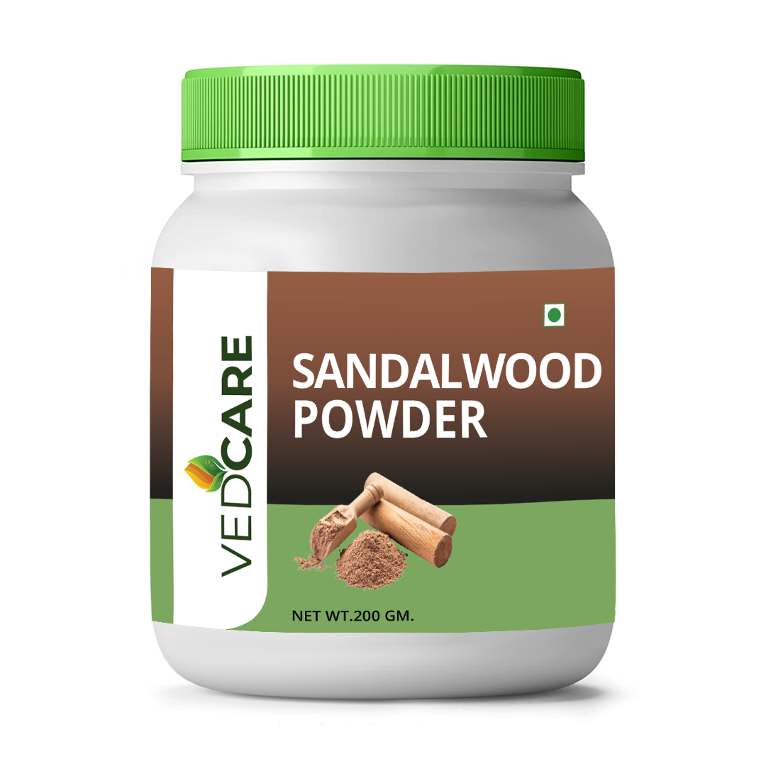 Jar of Vedcare Sandalwood Powder with a green lid on a white background