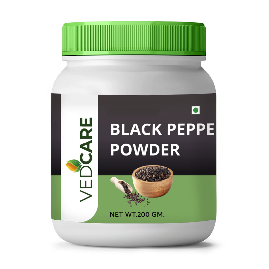 Vedcare Black Pepper Powder jar with green lid on a white background