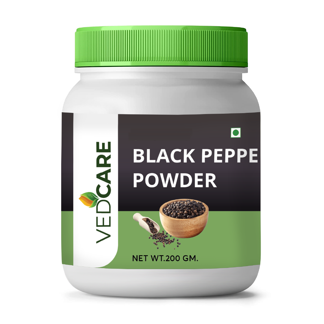 Vedcare Black Pepper Powder jar with green lid on a white background