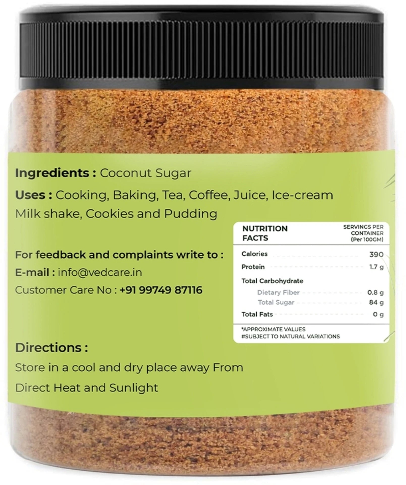 Jar of coconut sugar with label showing ingredients, uses, nutrition facts, and storage instructions.