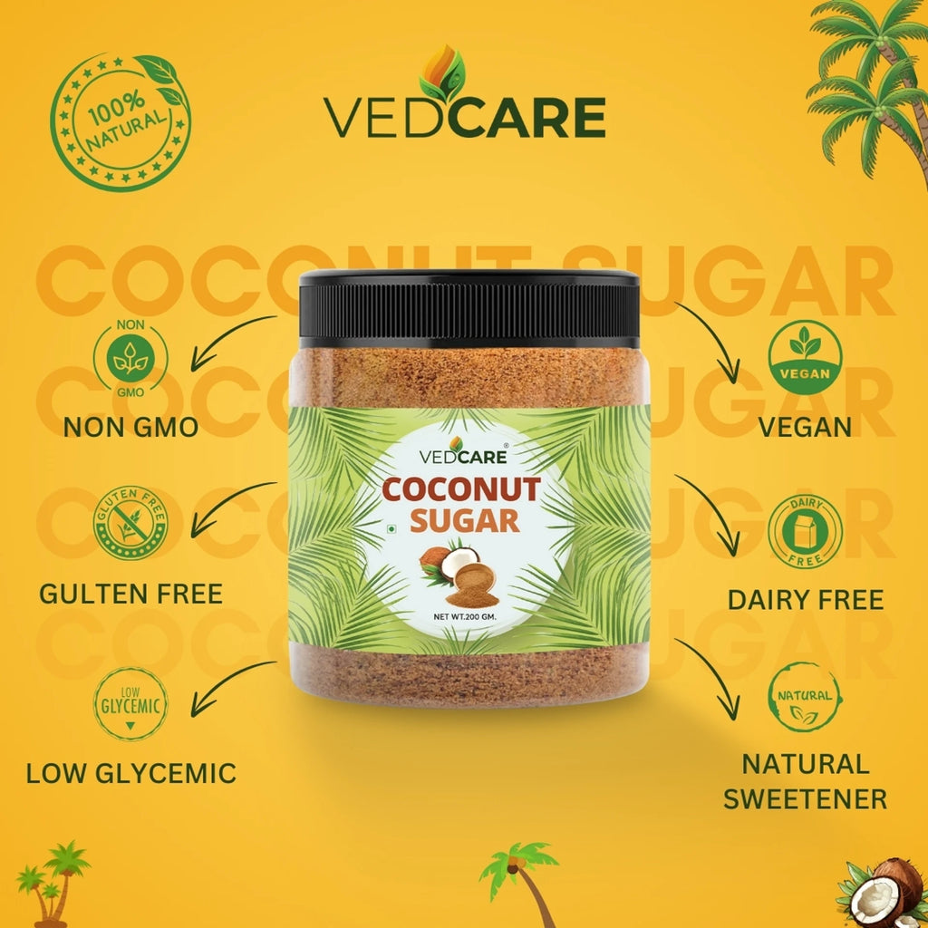 Vedcare coconut sugar jar with certification icons on a yellow background