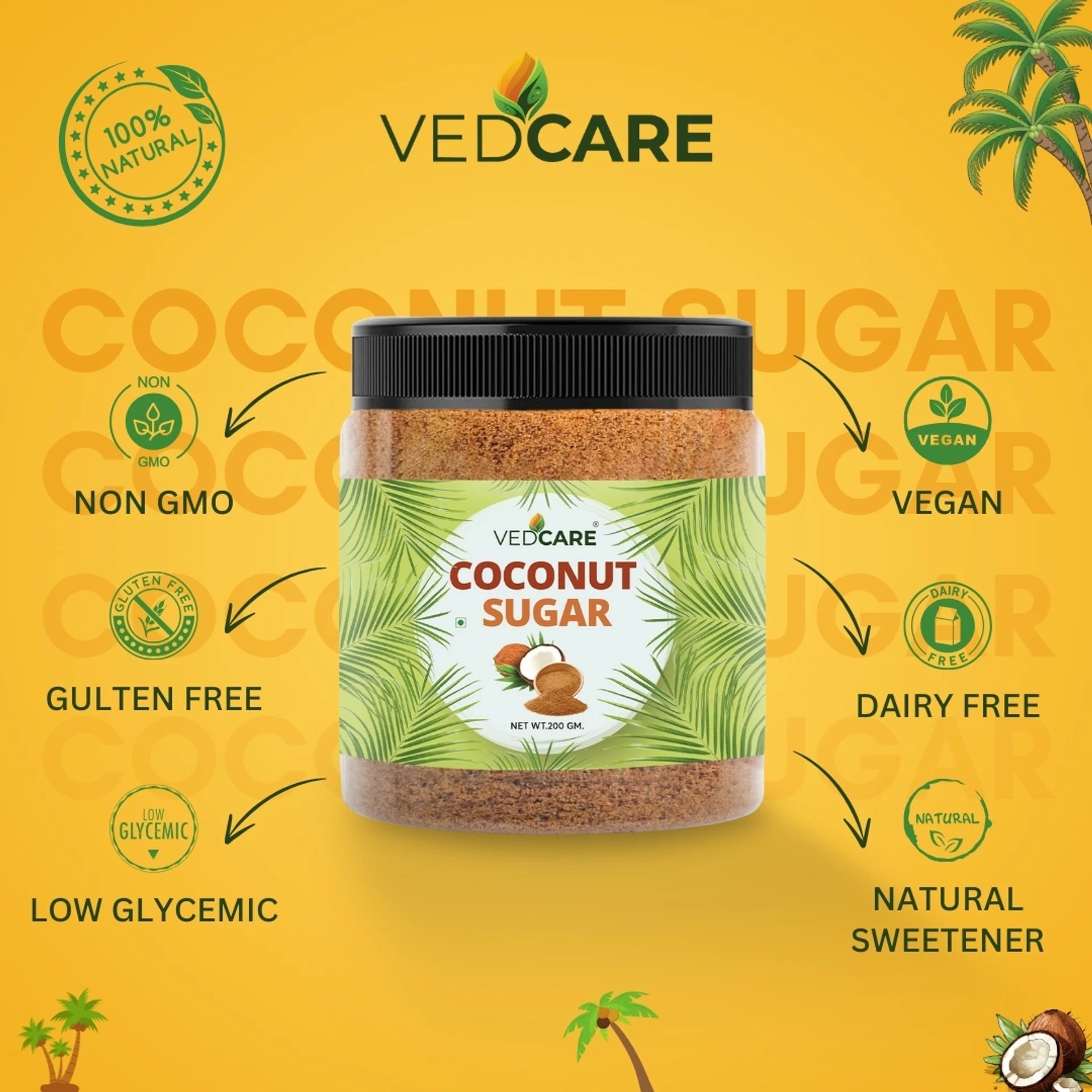 Vedcare coconut sugar jar with certification icons on a yellow background