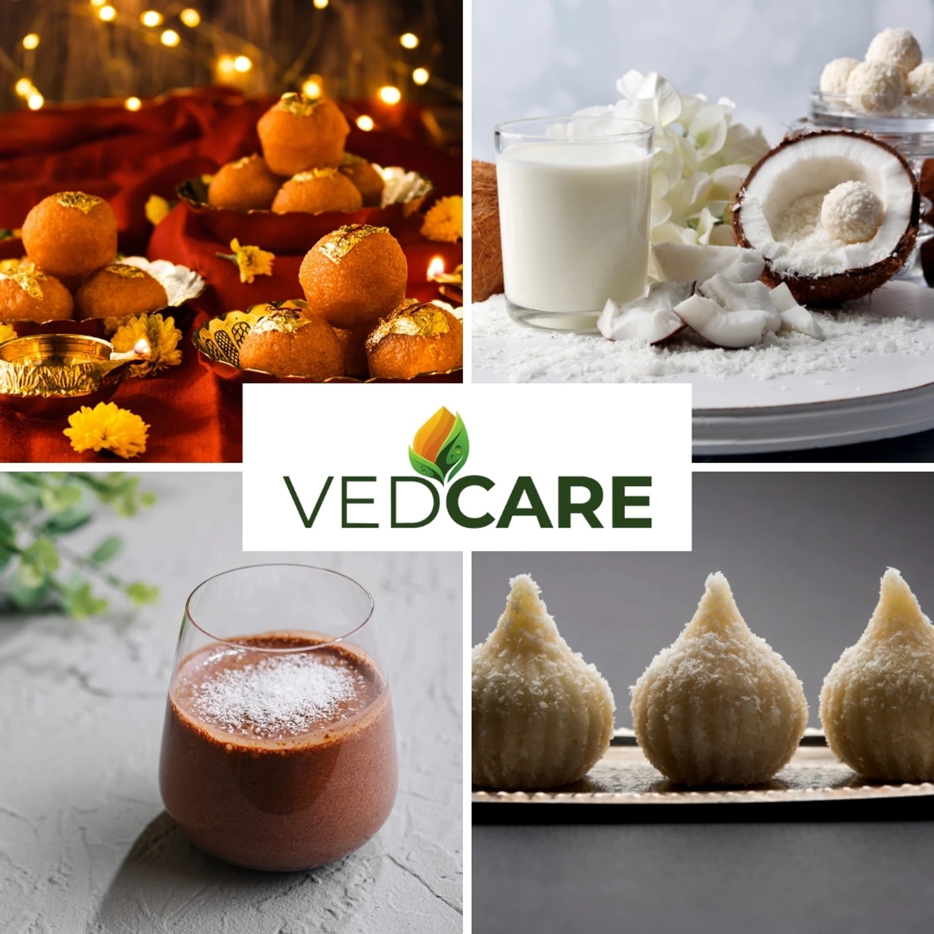 Collage of sweet treats with VedCare logo in the center
