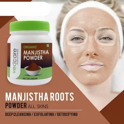 Vedcare Manjistha Powder container with a woman wearing a face mask on a brown background