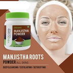 Vedcare Manjistha Powder container with a woman wearing a face mask on a brown background