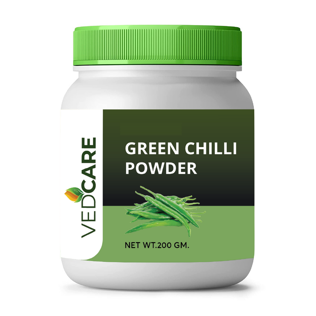 Jar of Vedcare Green Chilli Powder with green lid and label on a white background