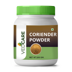 Jar of Vedcare Coriander Powder with green lid on a white background