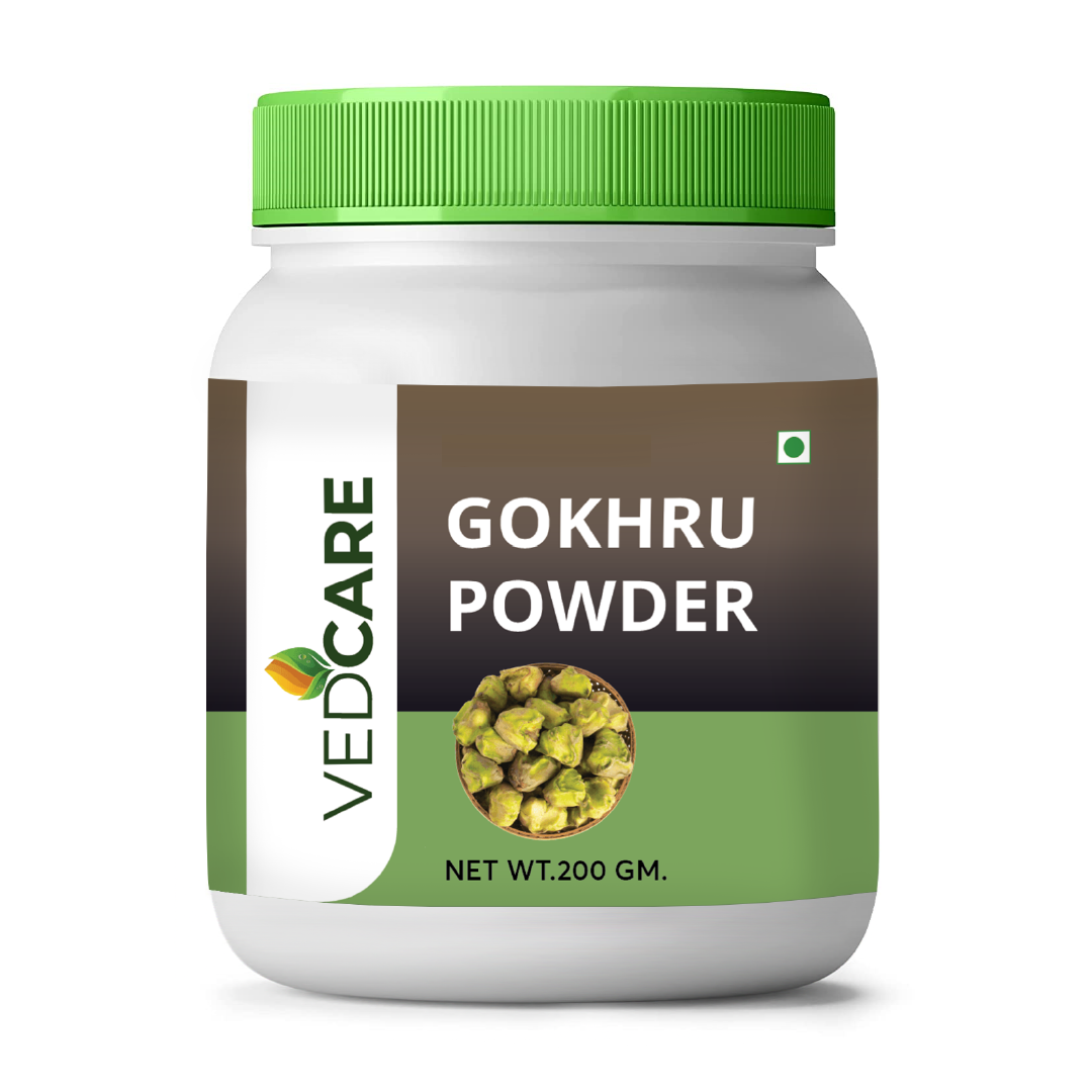 Vedcare Gokhru Powder container with green lid on a white background