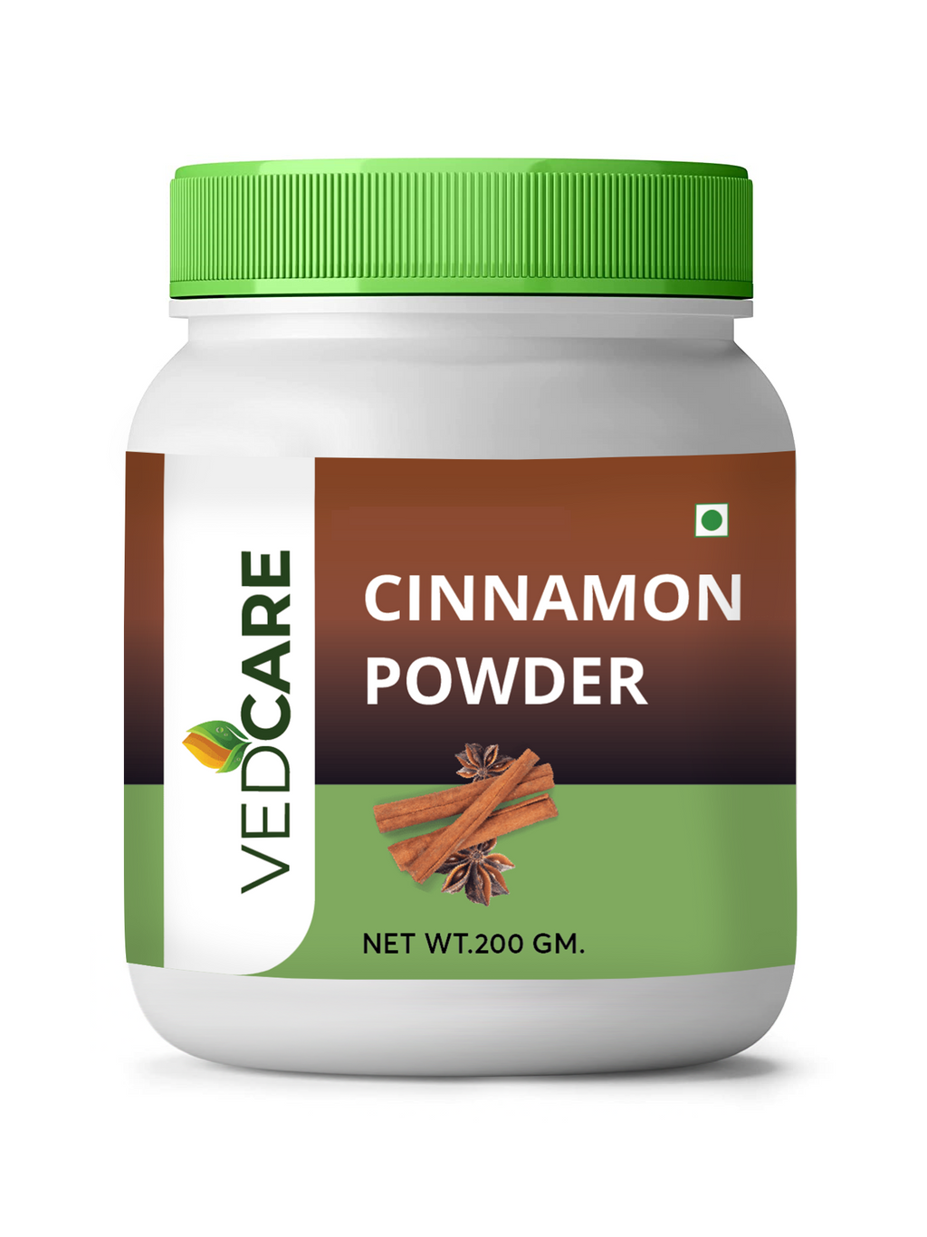 Jar of Vedicare Cinnamon Powder with a green lid on a white background