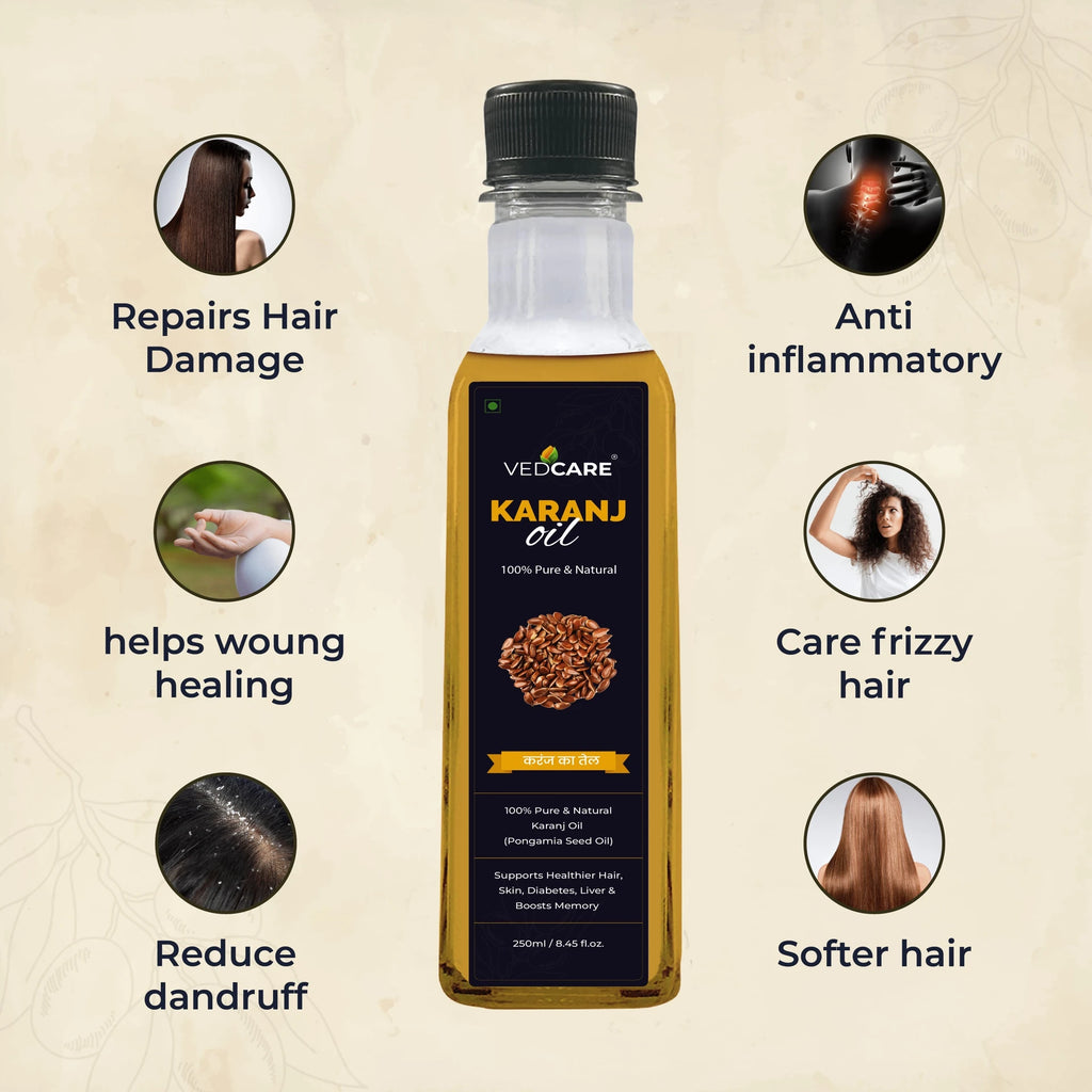 Vedcare Karanj oil bottle with benefits listed on a beige background
