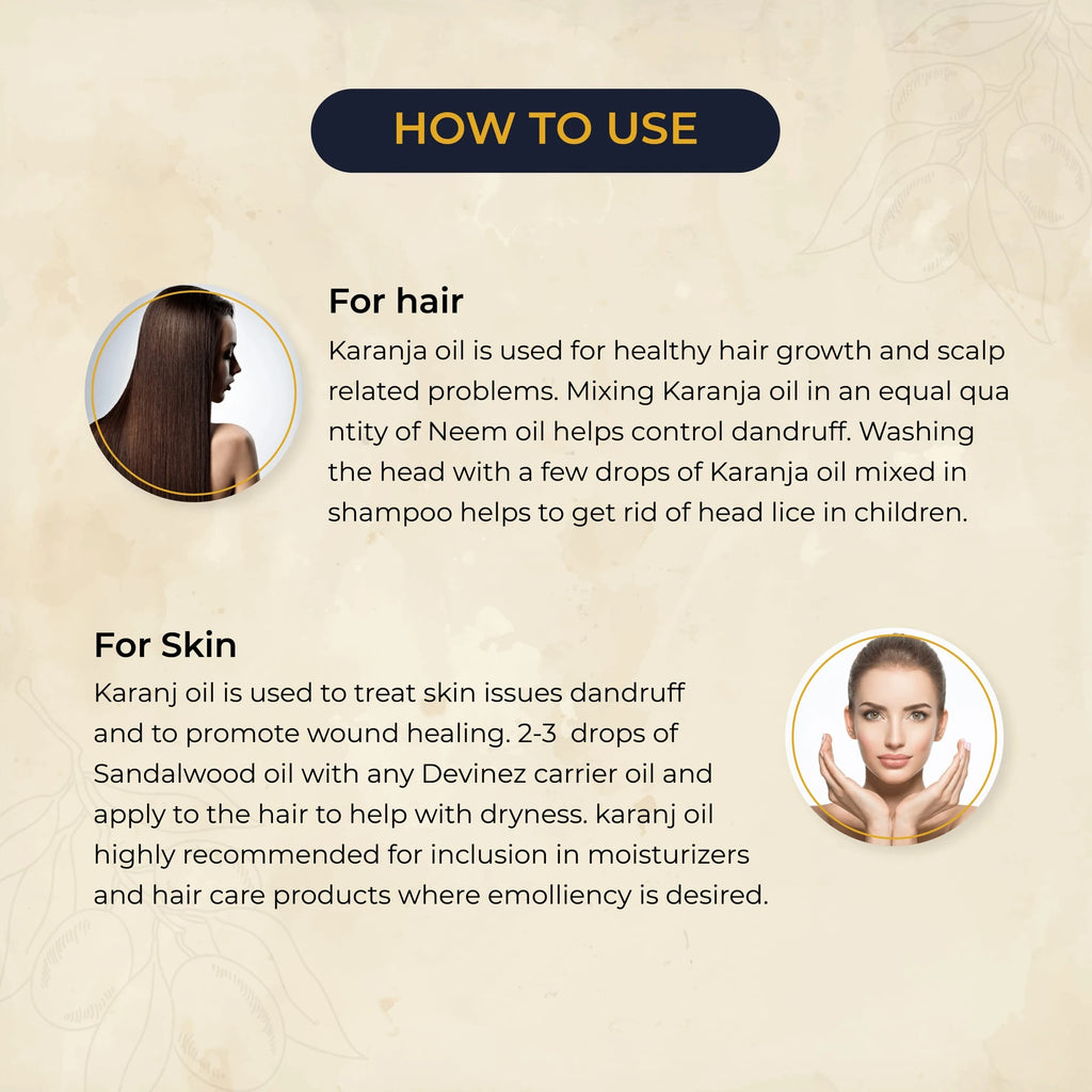 Instructions on how to use Karanja oil for hair and skin on a beige background