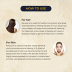 Instructions on how to use Karanja oil for hair and skin on a beige background