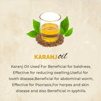 Glass of KARANJ oil with leaves on a textured beige background
