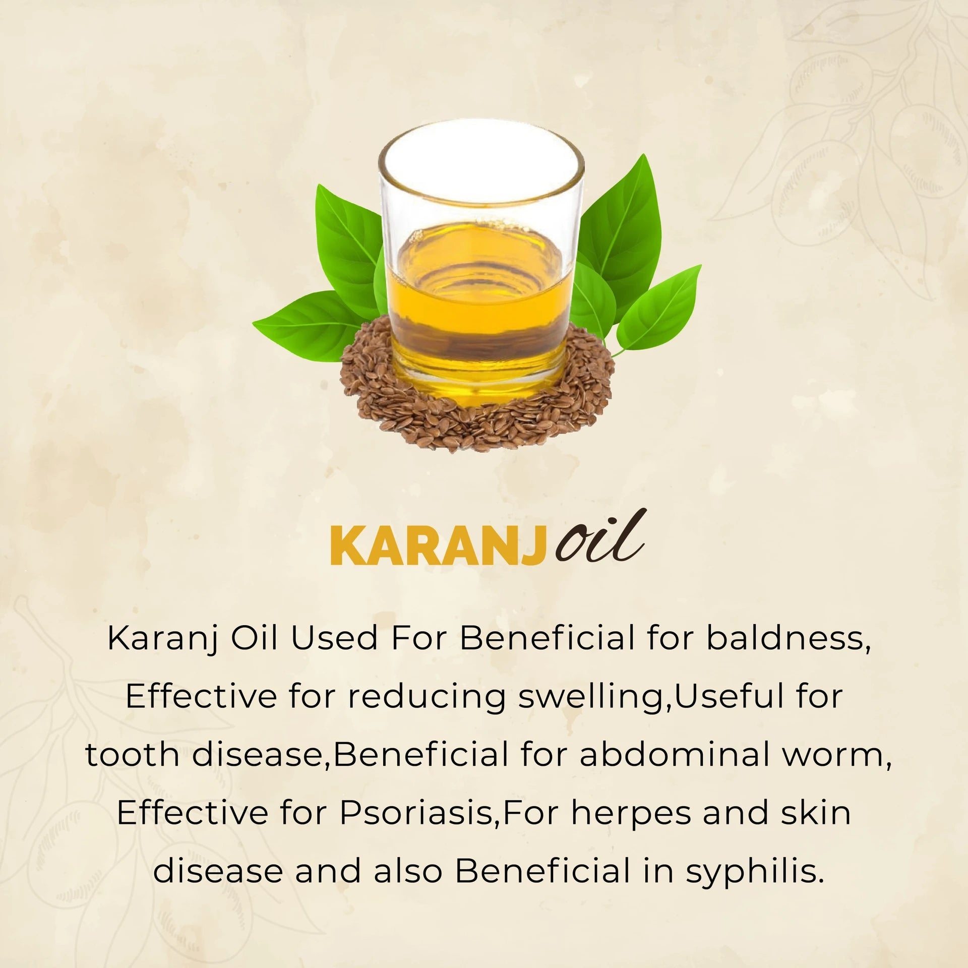 Glass of KARANJ oil with leaves on a textured beige background