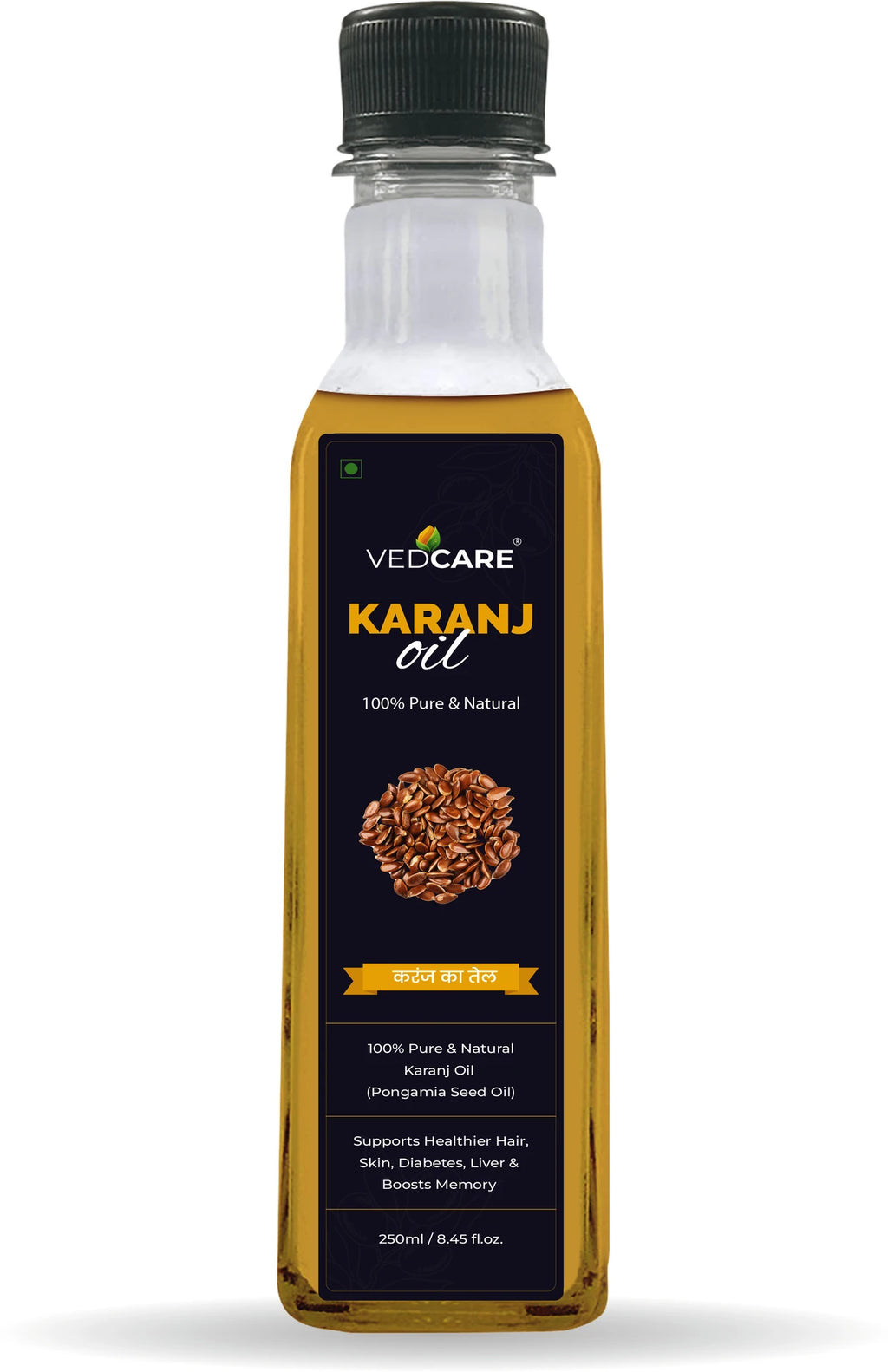 Bottle of VedCare Karanj oil on a white background