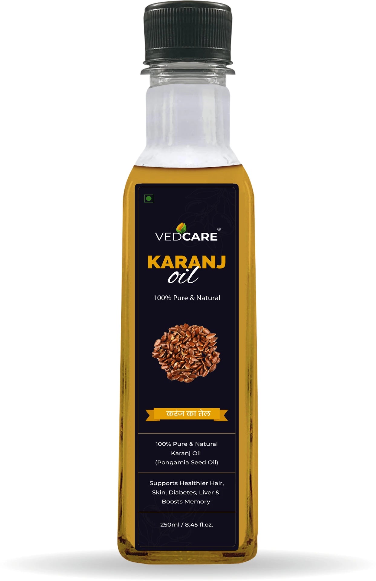 Bottle of VedCare Karanj oil on a white background