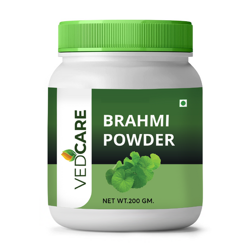 Vedcare Brahmi Powder container with green lid and label on a white background