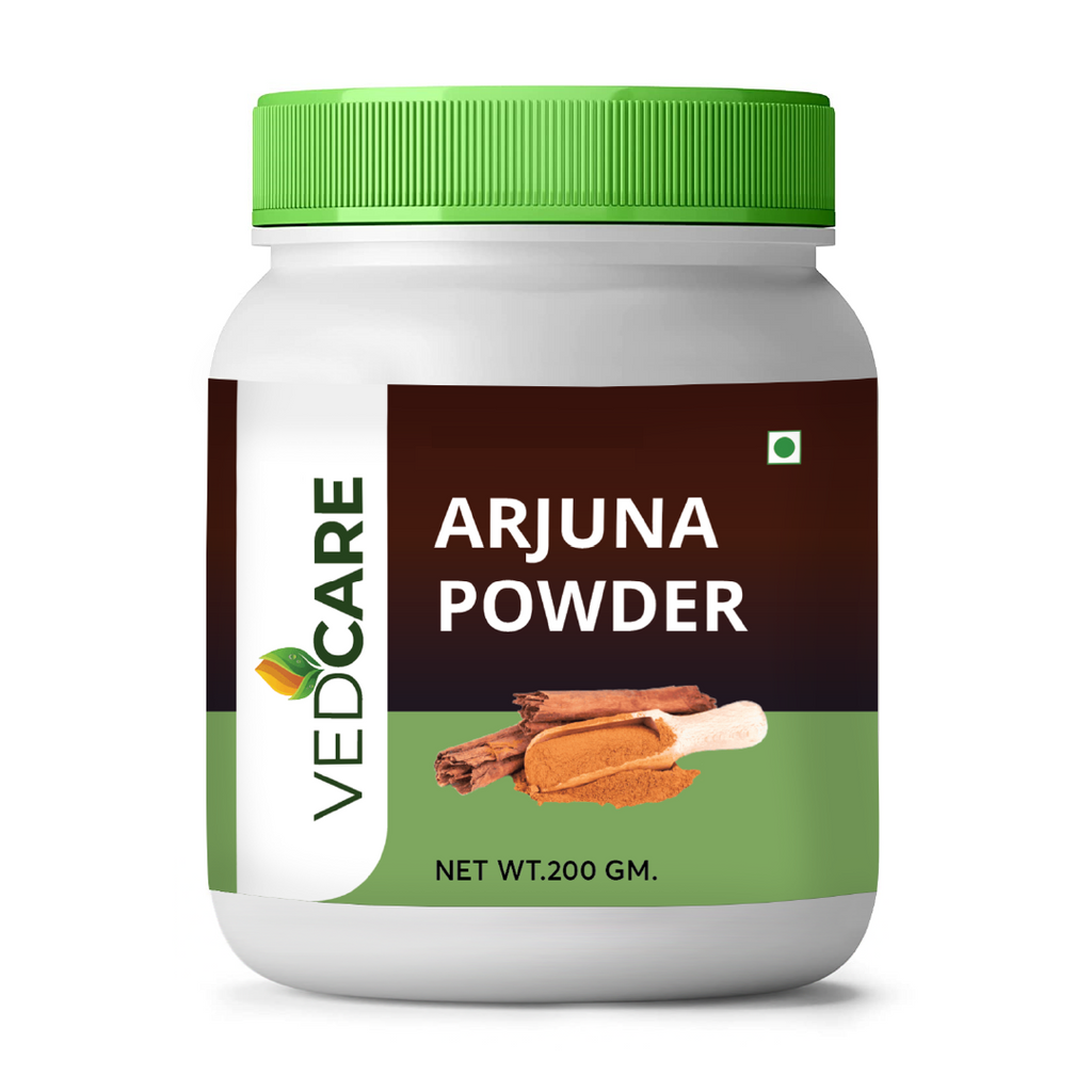 Vedcare Arjuna Powder container with green lid on a white background
