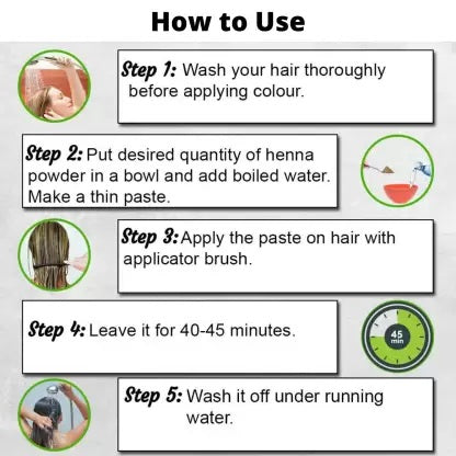 Instructions on how to use henna powder for hair color with step-by-step guide and icons.