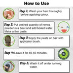 Instructions on how to use henna powder for hair color with step-by-step guide and icons.