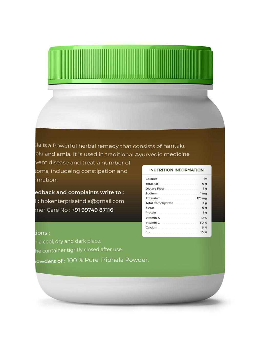 Jar of Triphala powder with green lid and label on a white background