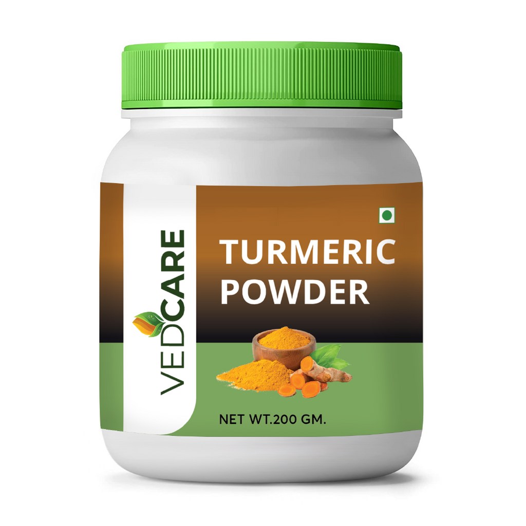 Vedcare Turmeric Powder jar with green lid on a white background