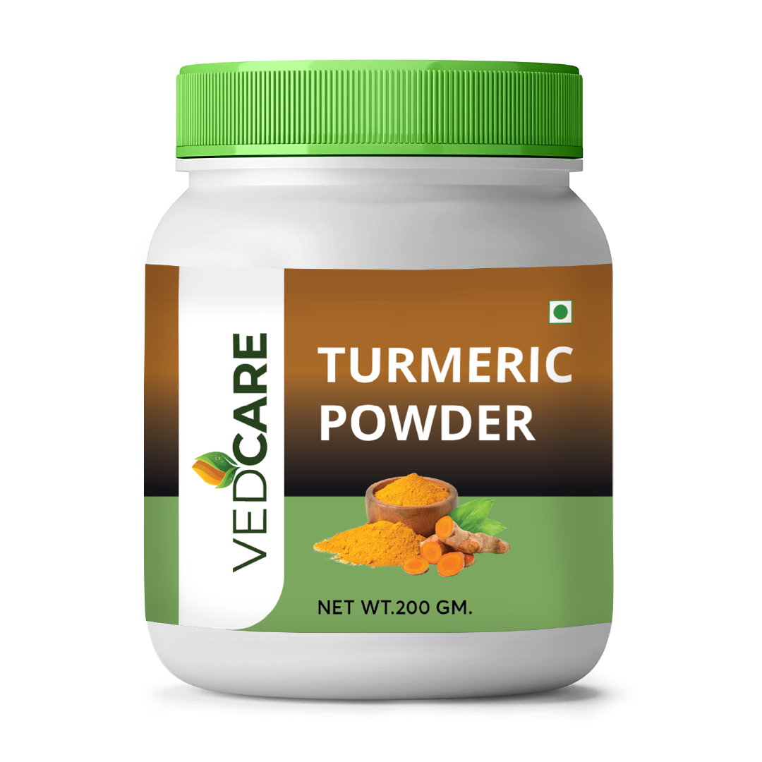 Vedcare Turmeric Powder jar with green lid on a white background