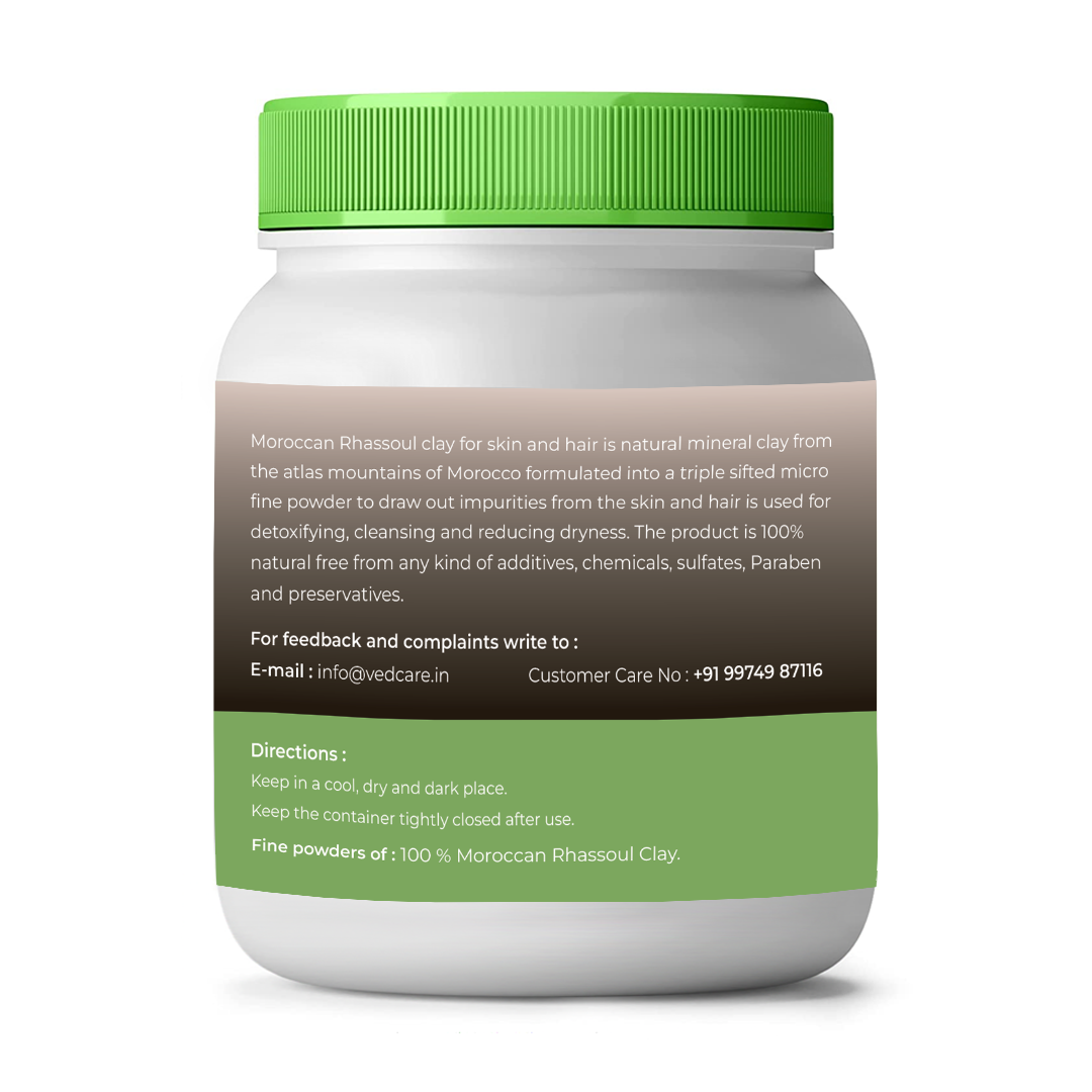 Jar of Moroccan Rhassoul clay with green lid and label on a white background