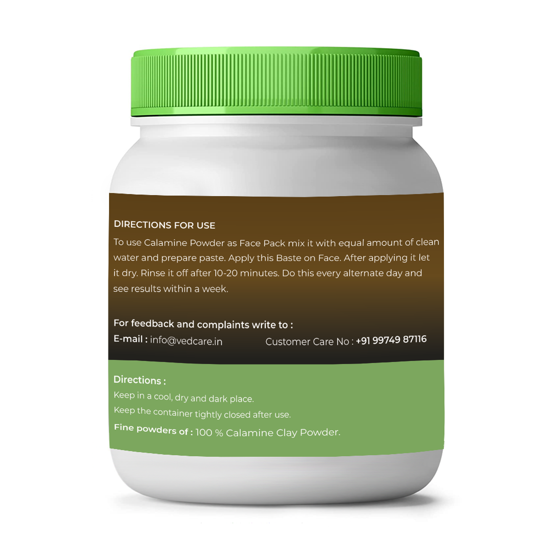Jar of calamine powder with green lid and label on a white background