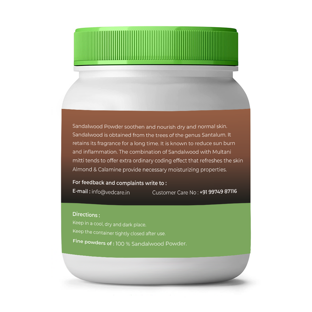 Jar of sandalwood powder with green lid and label on a white background