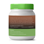 Jar of sandalwood powder with green lid and label on a white background