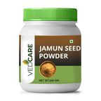 Jar of Vedcare Jamun Seed Powder with green lid on a white background