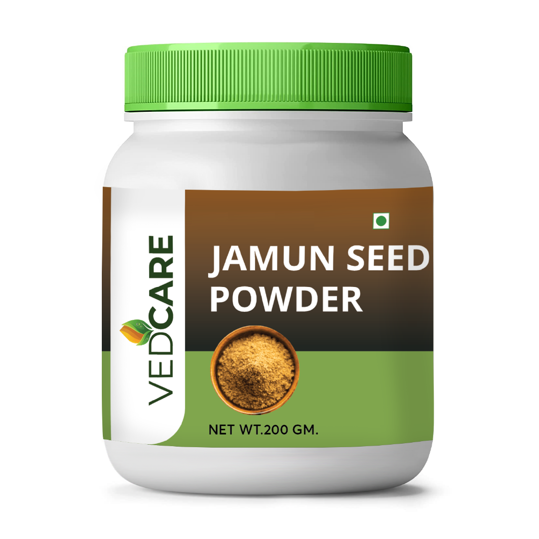 Jar of Vedcare Jamun Seed Powder with green lid on a white background