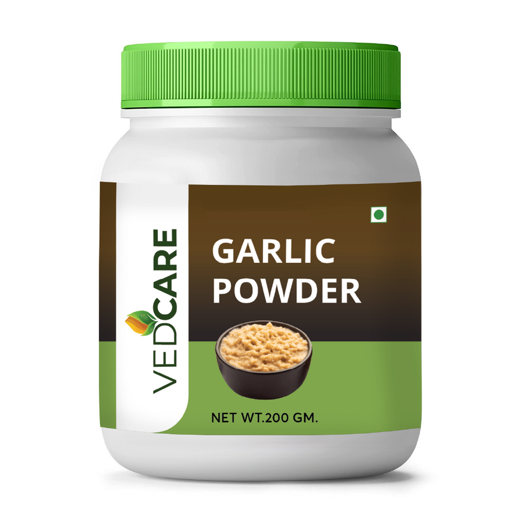 Vedcare Garlic Powder container with green lid and label on a white background