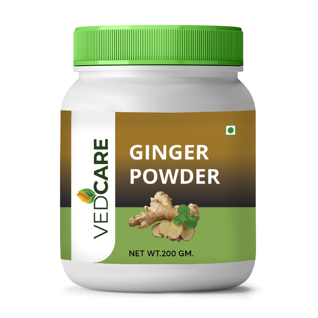 Vedcare Ginger Powder jar with green lid on a white background