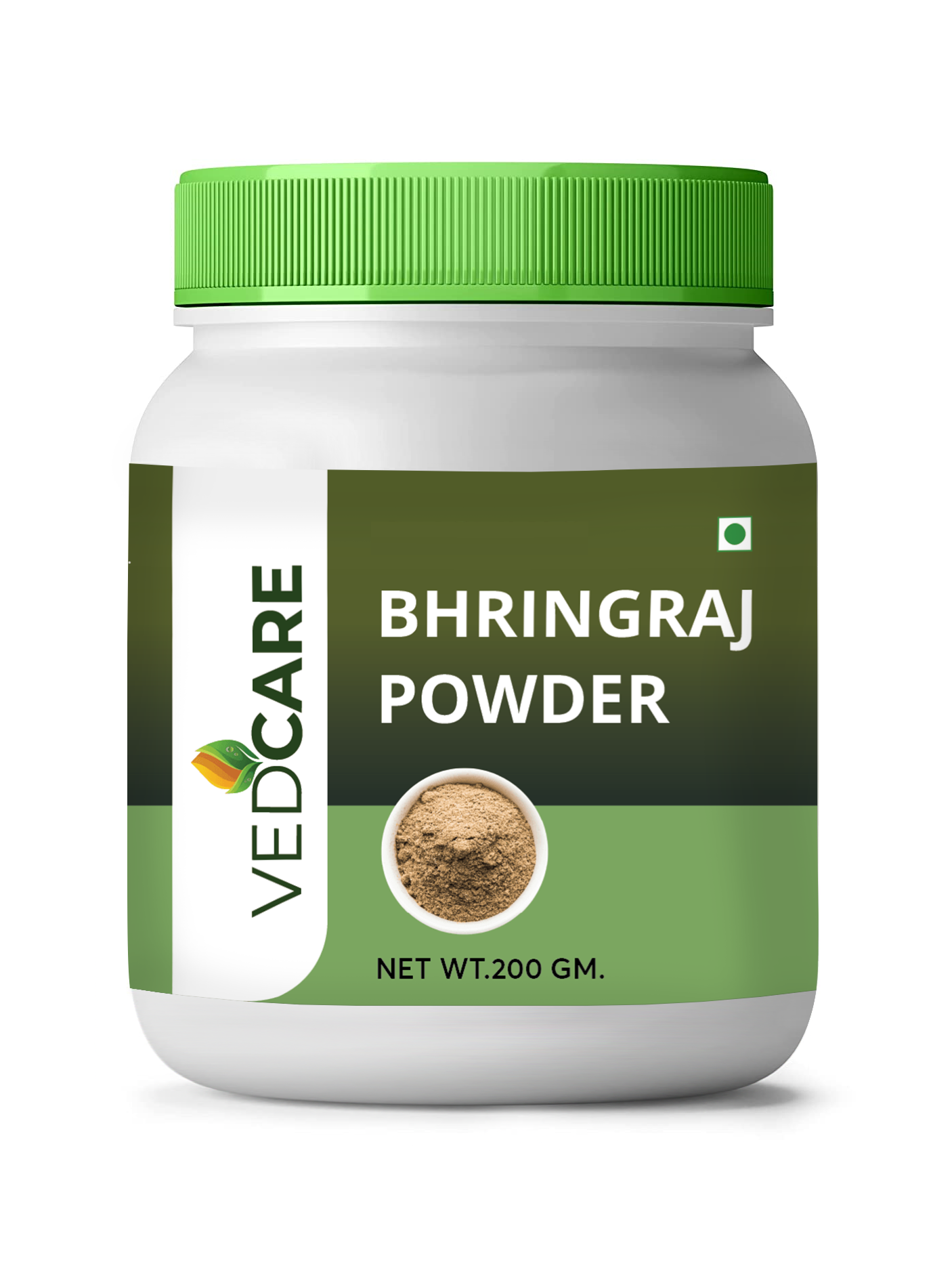 Vedcare Bhringraj Powder container with green lid on a white background