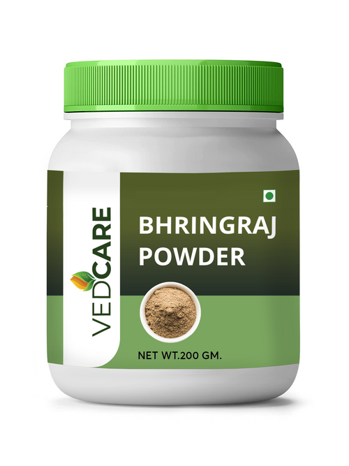 Vedcare Bhringraj Powder container with green lid on a white background