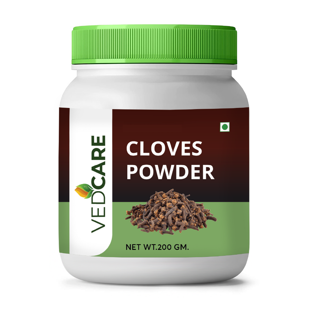 Jar of Vedcare Cloves Powder with a green lid on a white background