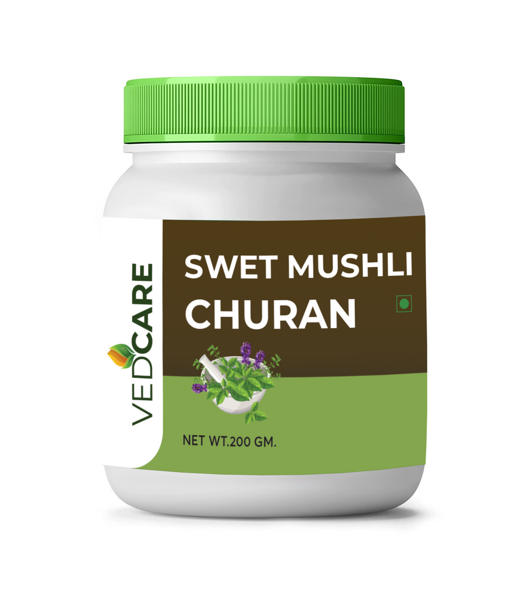 Jar of Swet Mushli Churan with green lid and label on a white background