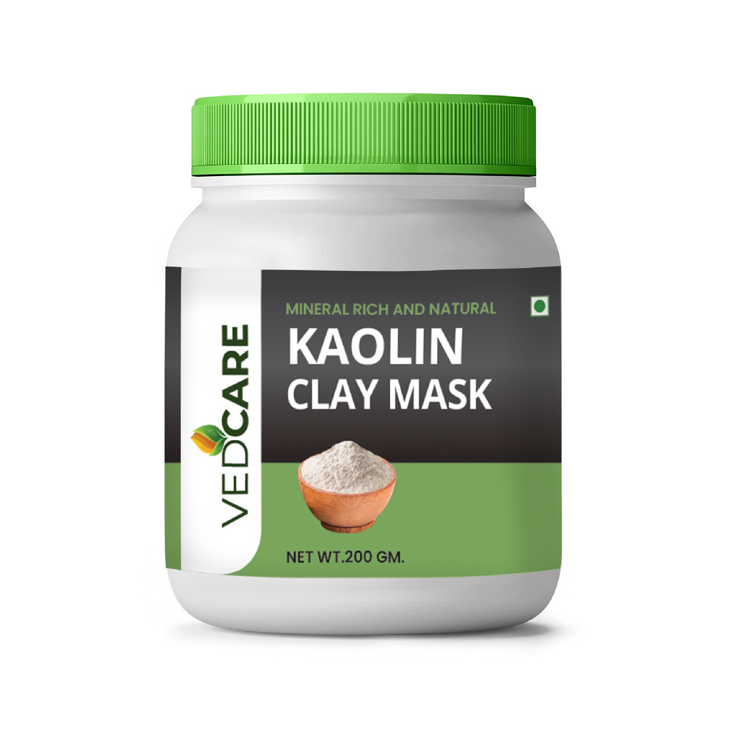 Vedcare Kaolin Clay Mask container with green lid on a white background